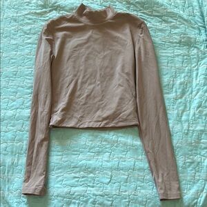 Babaton Tan Mandarin Collar Fitted Crop Blouse